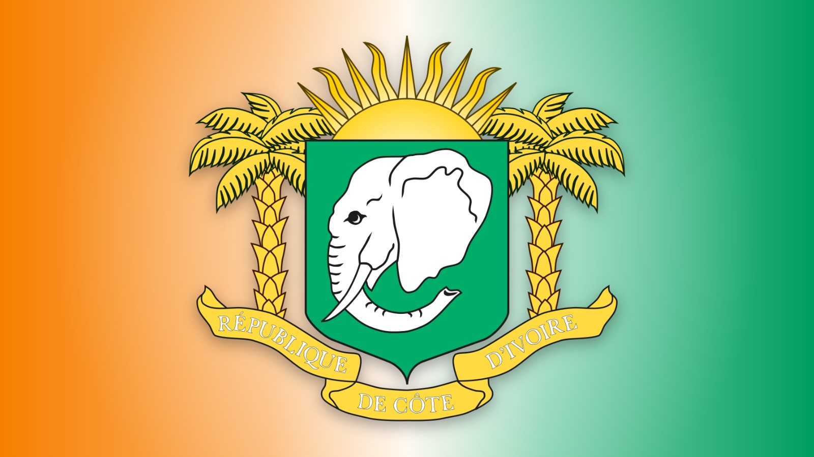 Armoiries de la Côte d'Ivoire : tête d'éléphant sur écu vert, entre deux palmiers, sous un soleil levant, sur fond aux couleurs du drapeau