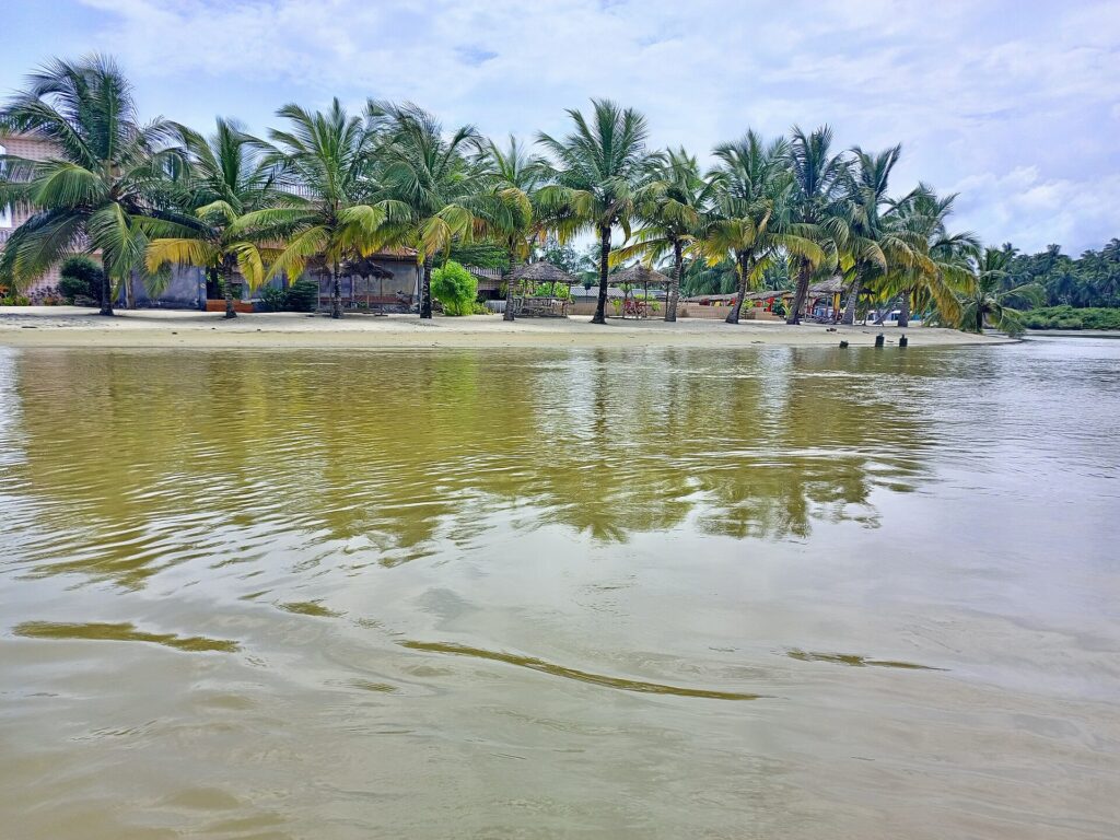 Rive de la lagune bordée de cocotiers et de paillotes à Assinie