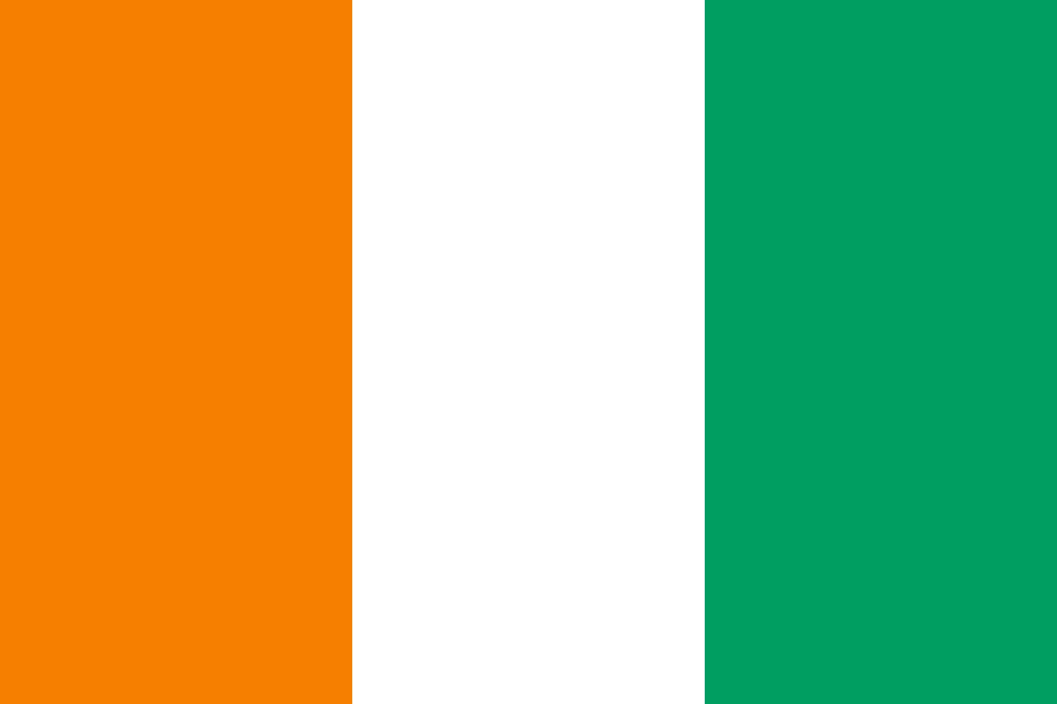 Drapeau de la Côte d'Ivoire : trois bandes verticales orange, blanche et verte