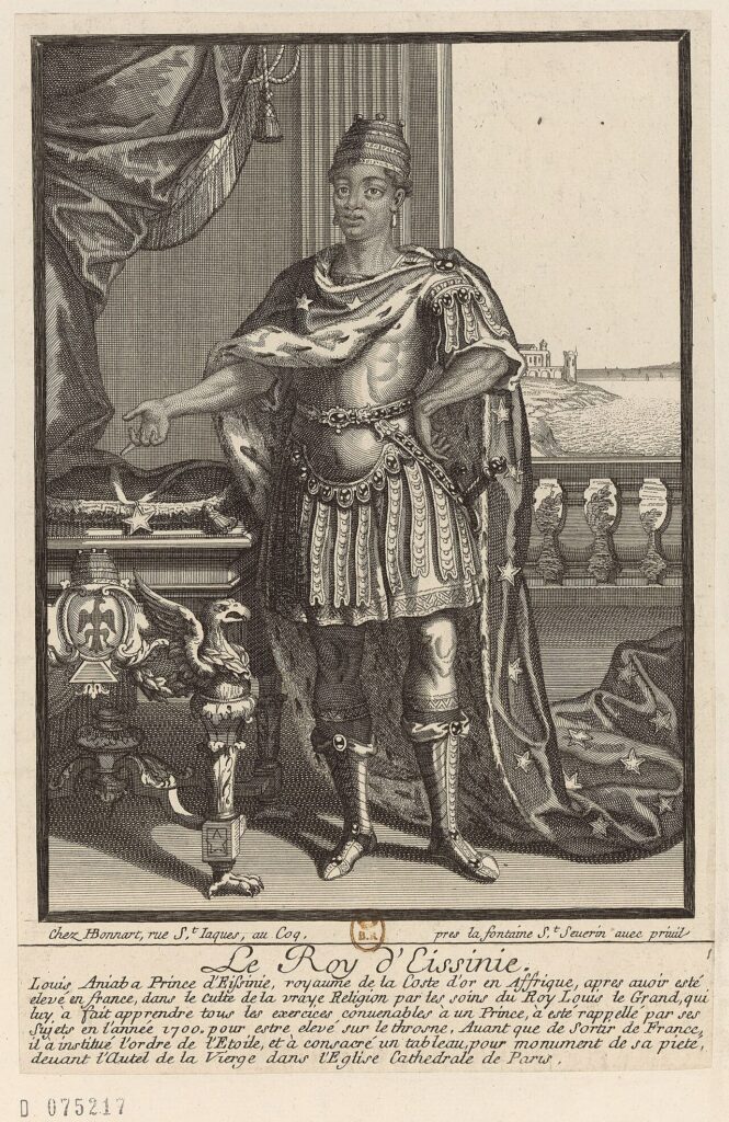 Gravure ancienne représentant Louis Aniaba, prince d’Assinie, en pied, vêtu à la mode de la cour de Louis XIV