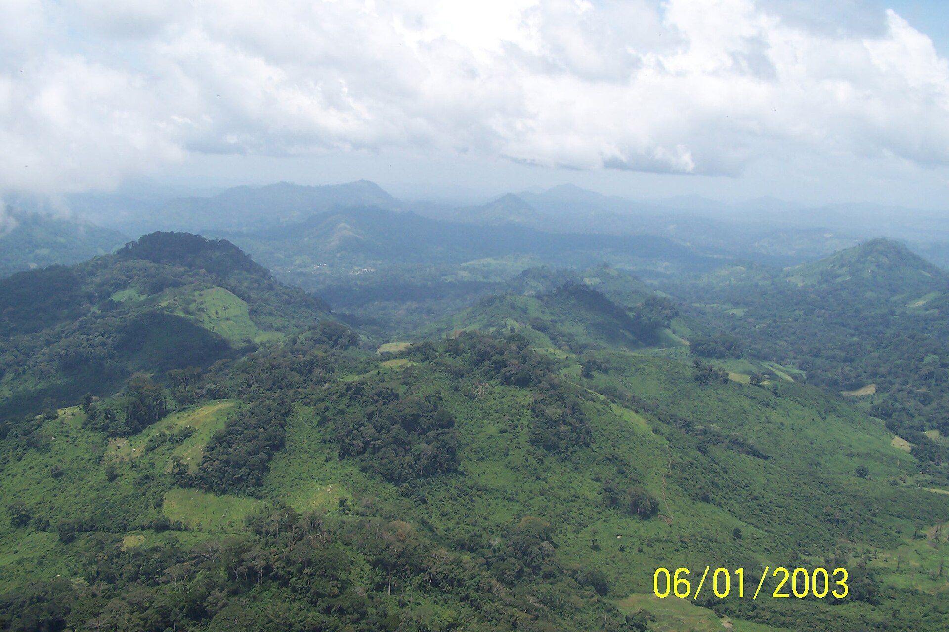 Collines verdoyantes du massif du mont Tonkoui, près de Man, vues du ciel