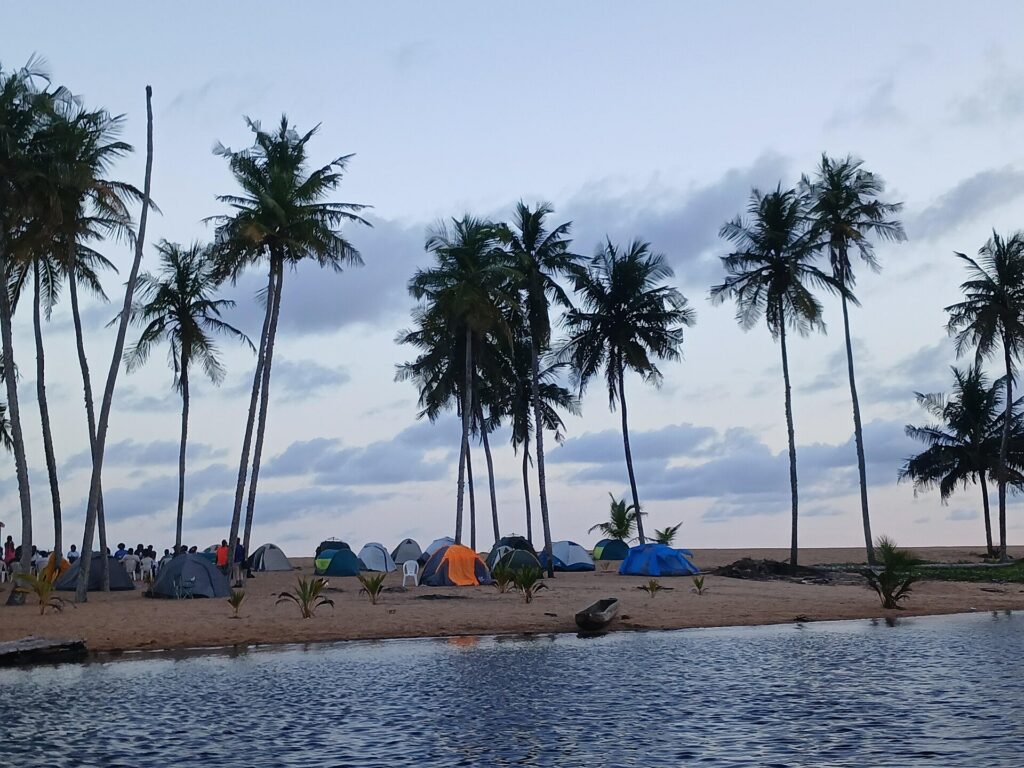 Cocotiers et tentes de campeurs sur la plage de Niéga, à Sassandra, au bord de l’eau