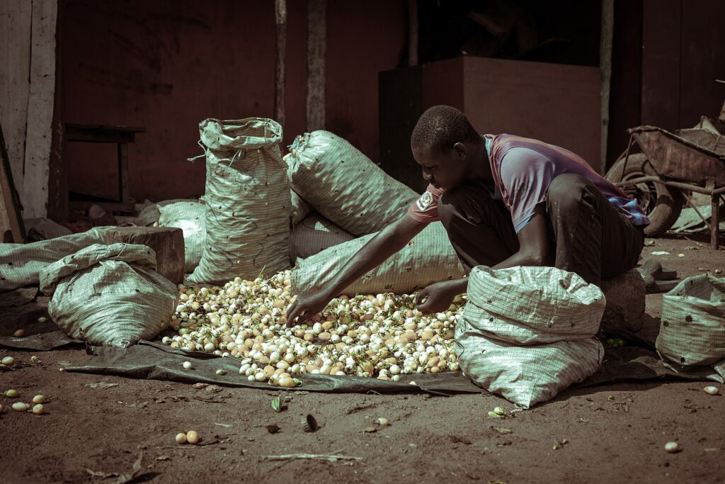 Vendeur assis parmi des sacs de produits agricoles au marché de Bouaké